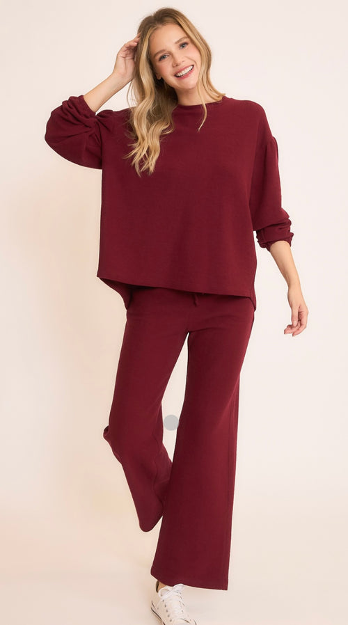 Seersucker Long sleeve top set/Wide leg pants